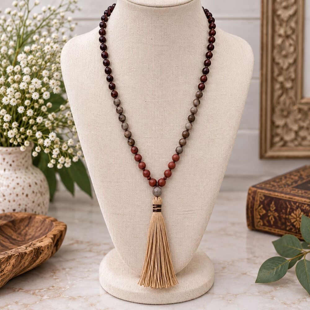 Gemstone Wood Bead Hand Knotted Tassel Necklace Unakite Agate Boho 38"